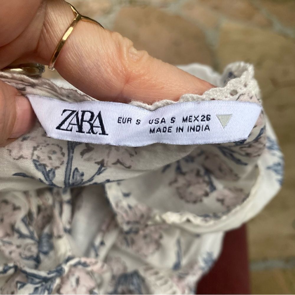 Zara Maxi Dress Block Print Boho Flowy Long Sleeves Floral Cream Blue Pink S - Picture 9 of 16